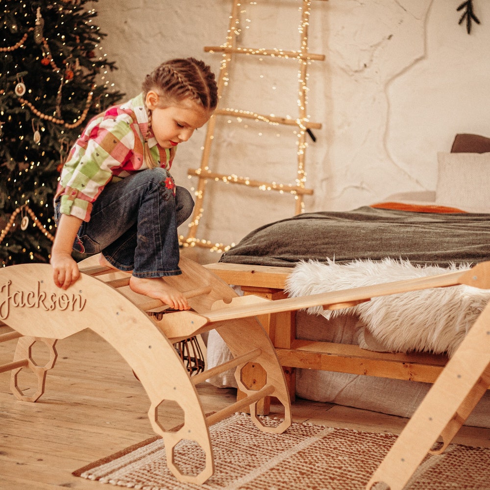 Toddler First christmas gift - Montessori Set of three items - Climbing Arch + Foldable Triangle + Climbing ladder/slide, Balance board