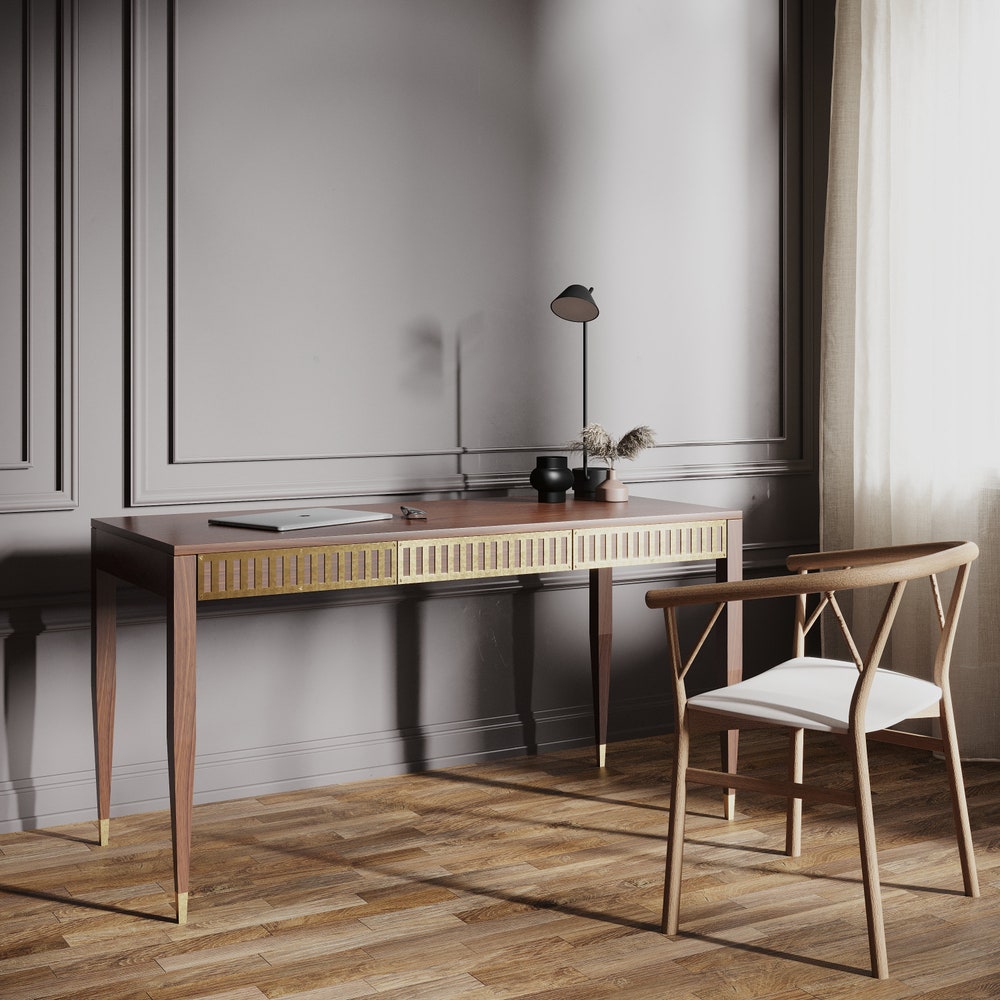Walnut office desk with three solid walnut drawers with brass fronts, home office desk, modern, writing desk, solid walnut desk, study desk