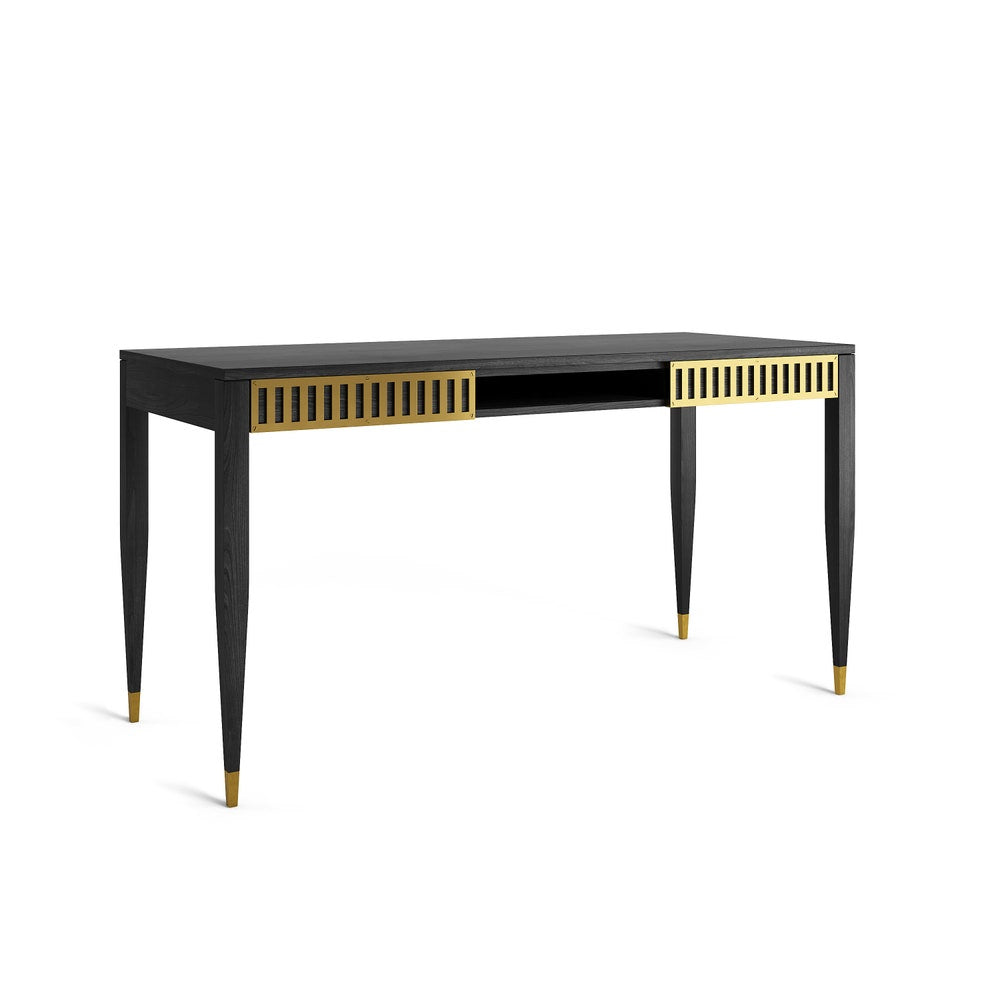 Black oak office desk with two solid oak drawers and shelf, brass fronts, mid century modern, study desk, writing desk, solid oak desk