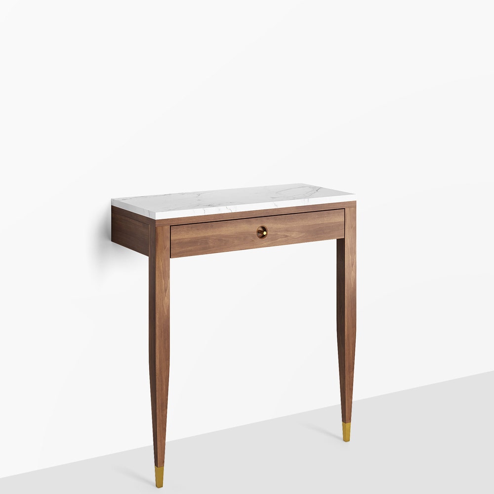 Walnut console table with marble top one drawer and two legs, hallway table, entryway table, dressing table in solid walnut wood