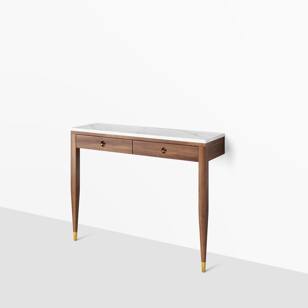 Walnut console table with marble top two drawers and two legs, hallway table, entryway table, dressing table in solid walnut wood