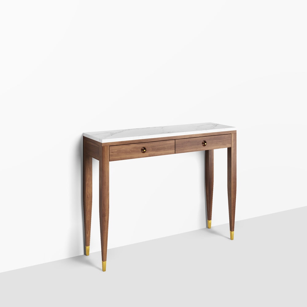 Walnut console table with marble top two drawers and four legs, hallway table, entryway table, dressing table in solid walnut wood, oak wood