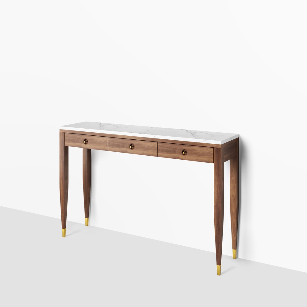Walnut console table with marble top three drawers and four legs, hallway table, entryway table, dressing table in solid walnut wood