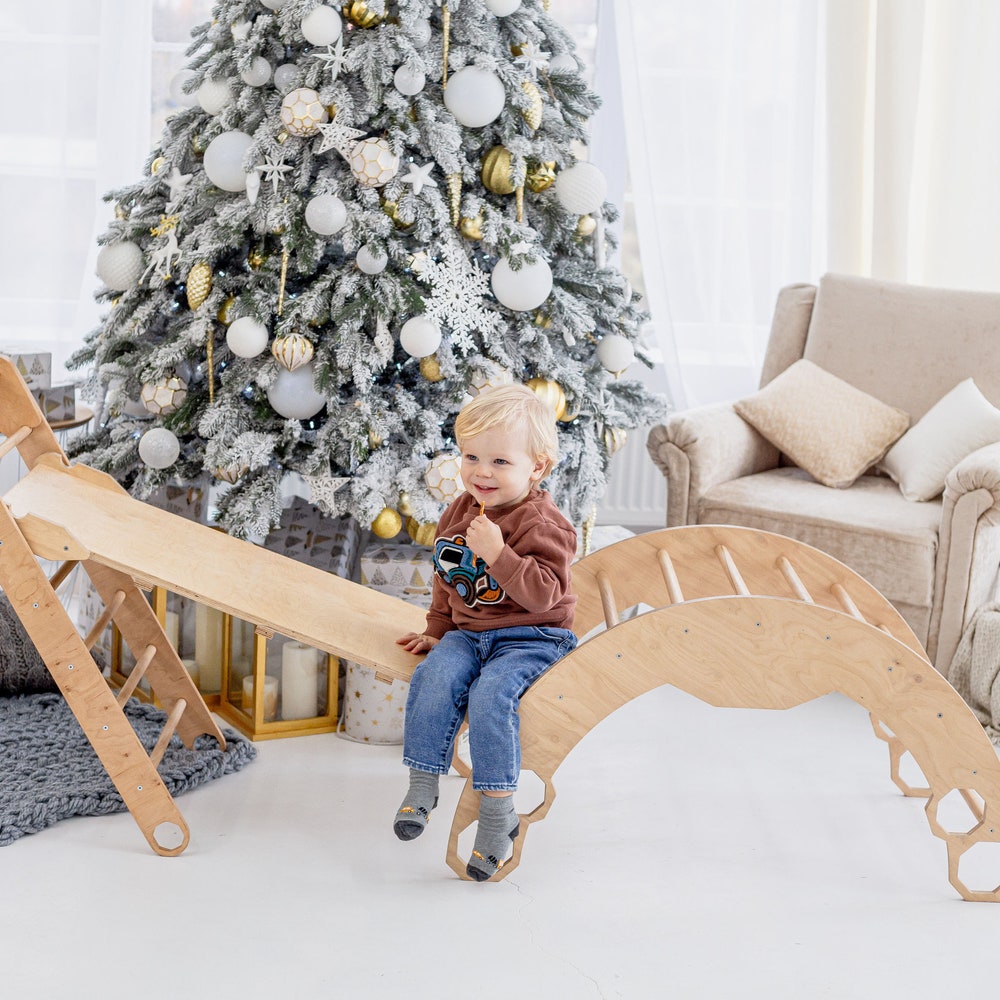 Toddler Christmas Gift - Set of 3 items: foldable Triangle + Arch + Ramp with slide - Climbing Montessori furniture, Toddler climbing gym