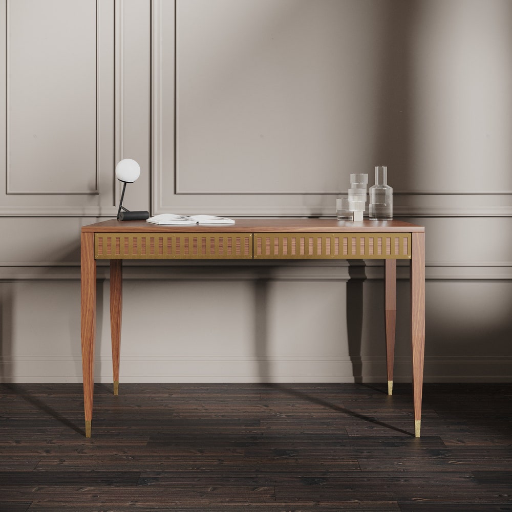 Walnut office desk with two solid walnut drawers with brass fronts, home office desk, modern, writing desk, solid walnut desk, table, bureau