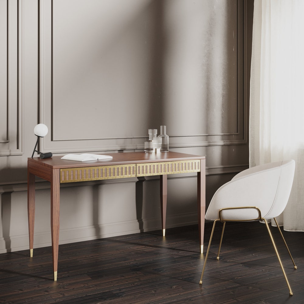 Walnut office desk with two solid walnut drawers with brass fronts, home office desk, modern, writing desk, solid walnut desk, table, bureau