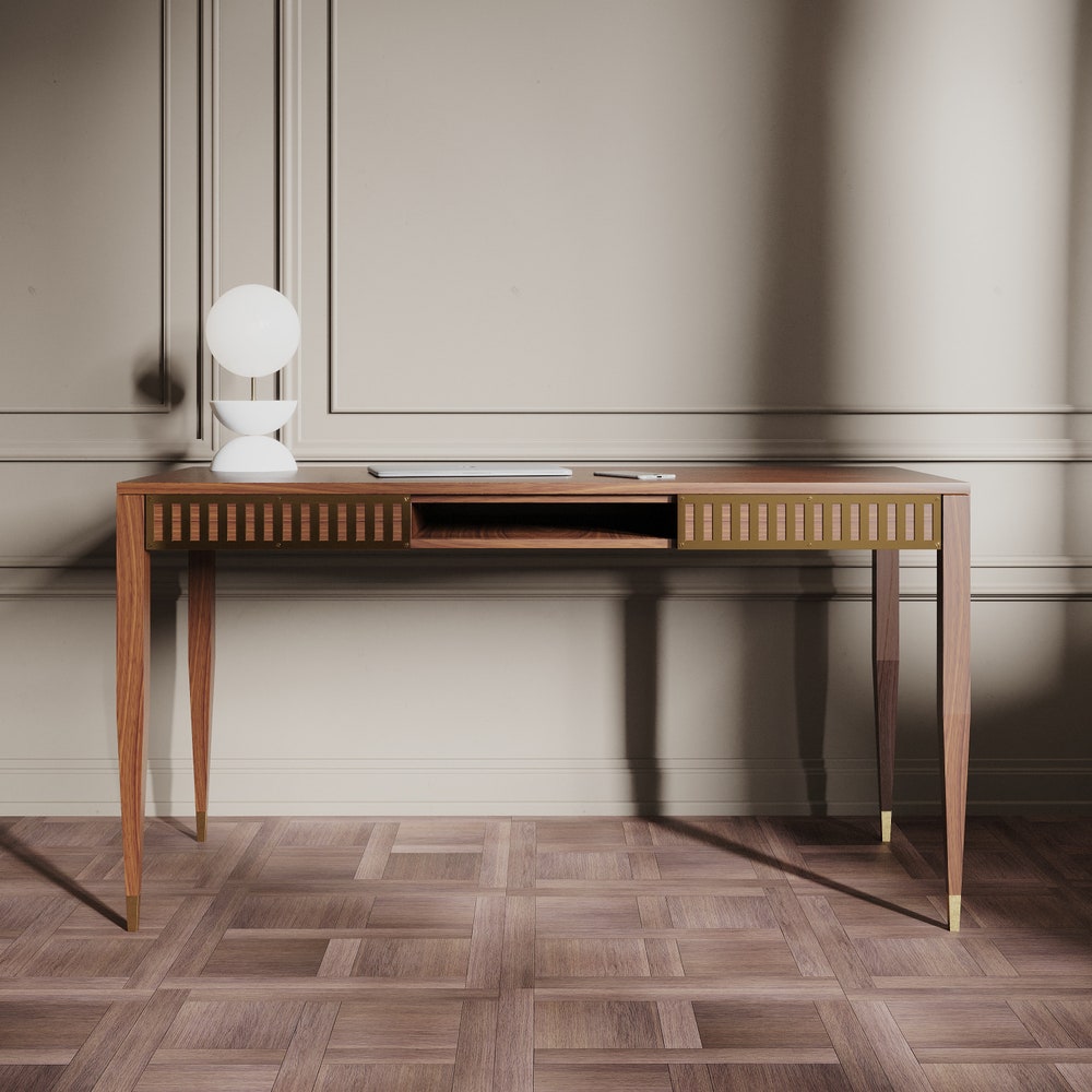 Walnut office desk with two solid walnut drawers and shelf with brass fronts, home office desk, modern, writing desk, solid walnut desk