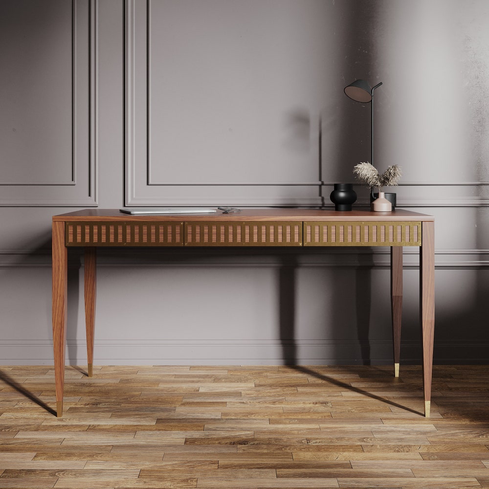 Walnut office desk with three solid walnut drawers with brass fronts, home office desk, modern, writing desk, solid walnut desk, study desk