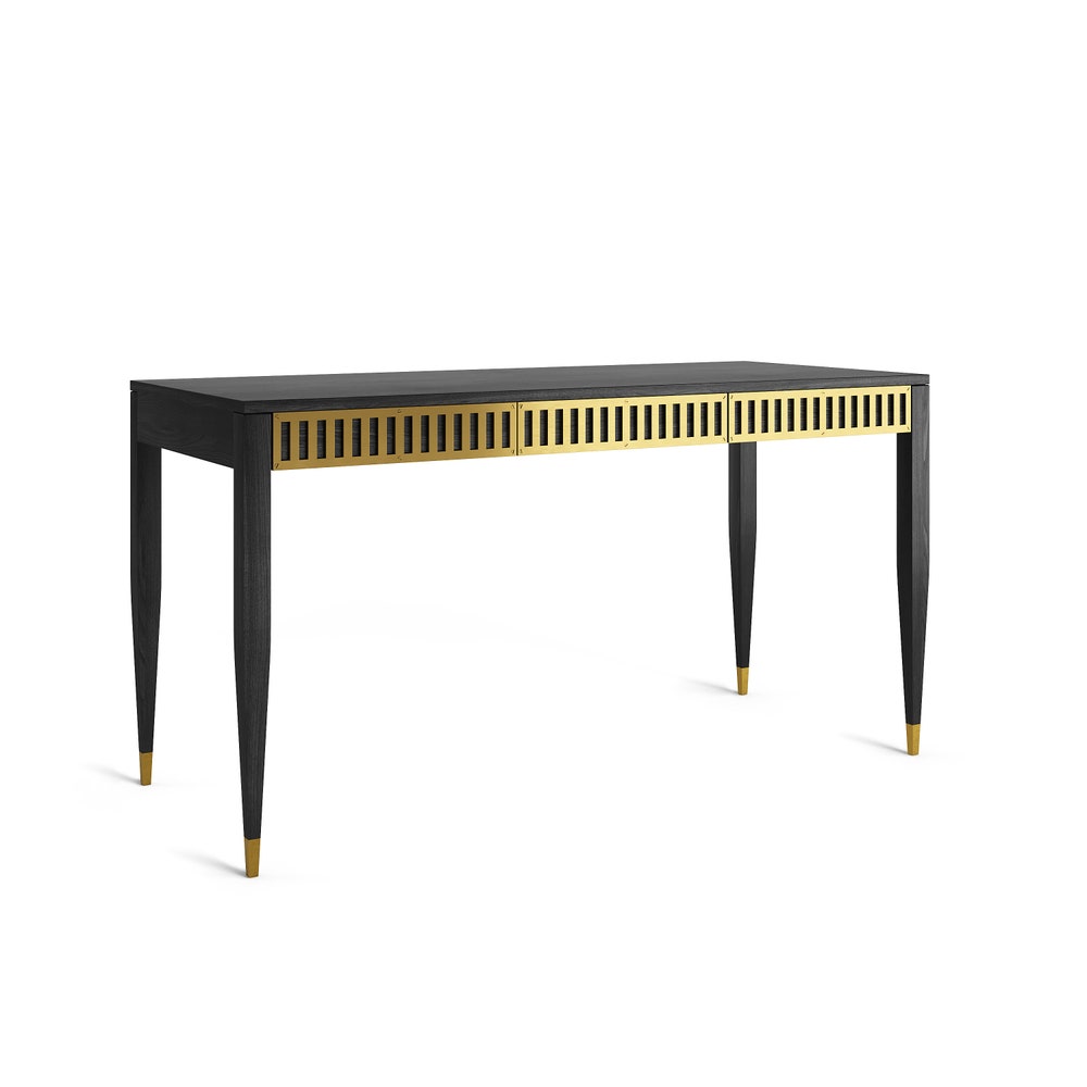 Black oak office desk with three solid oak drawers with brass fronts, mid century modern, study desk, writing desk, solid oak desk, bureau
