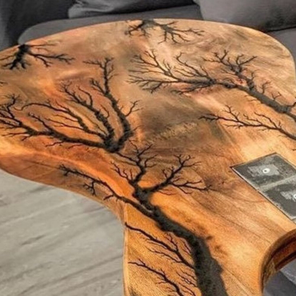 Coffee/Side/End/Guitar Table Wood Raund/Fractal burnt Live Edge Rustic Unique River custom reclaimed luxury Wooden slab nightstand/bed table