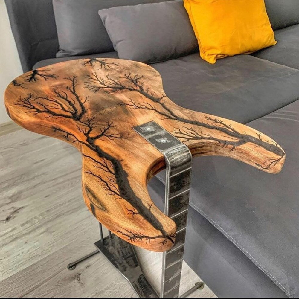 Coffee/Side/End/Guitar Table Wood Raund/Fractal burnt Live Edge Rustic Unique River custom reclaimed luxury Wooden slab nightstand/bed table