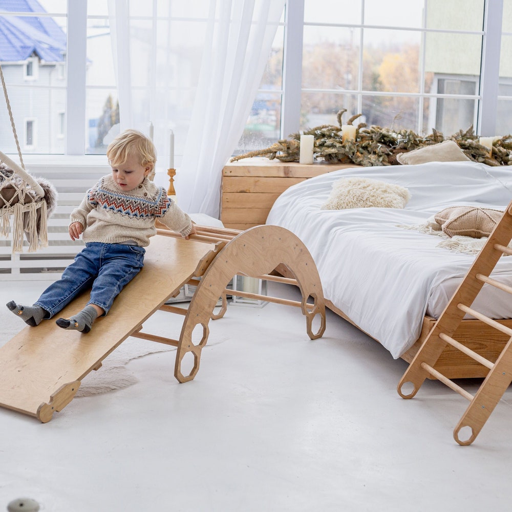 Valentine gift for toddler - Climbing set: Triangle Arch and Ramp, Wooden baby gym, Gift for 1 year old, Wooden rocker, Montessori furniture