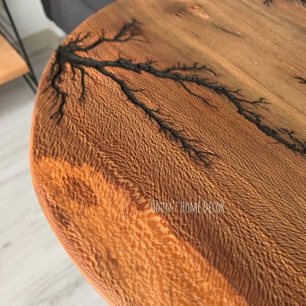 Coffee/Side/End/Guitar Table Wood Raund/Fractal burnt Live Edge Rustic Unique River custom reclaimed luxury Wooden slab nightstand/bed table