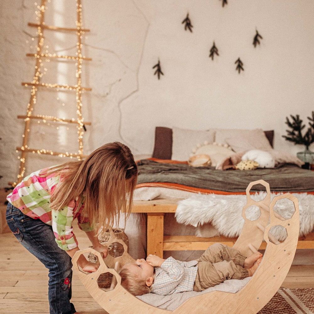 Unique baby gift - Montessori rocker with Cushion, Climbing Arch + pillow, Montessori toys, Toddler gift personalize toy for 1 year old