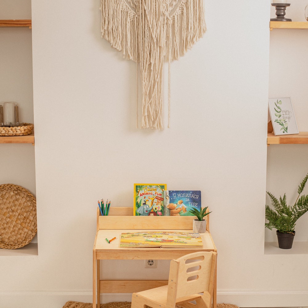 Desk and chair set for toddler, Montessori table with bookshelf, Kids board game table, Desk with drawer, Minimalist furniture,