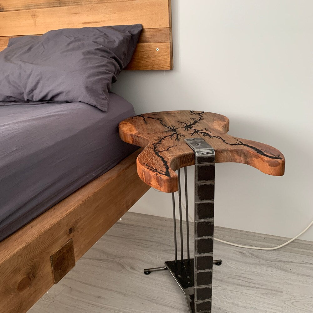 Coffee/Side/End/Guitar Table Wood Raund/Fractal burnt Live Edge Rustic Unique River custom reclaimed luxury Wooden slab nightstand/bed table