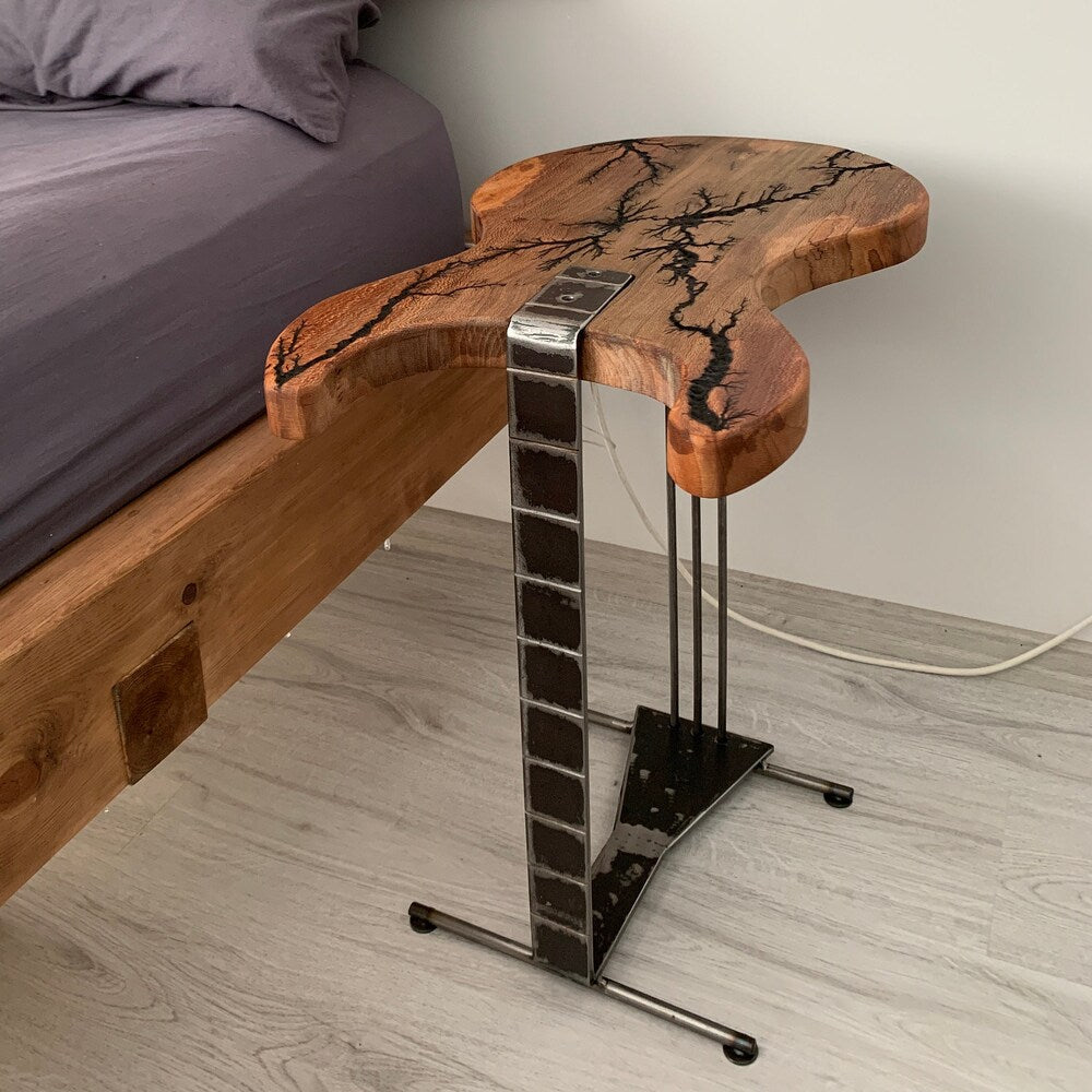 Coffee/Side/End/Guitar Table Wood Raund/Fractal burnt Live Edge Rustic Unique River custom reclaimed luxury Wooden slab nightstand/bed table
