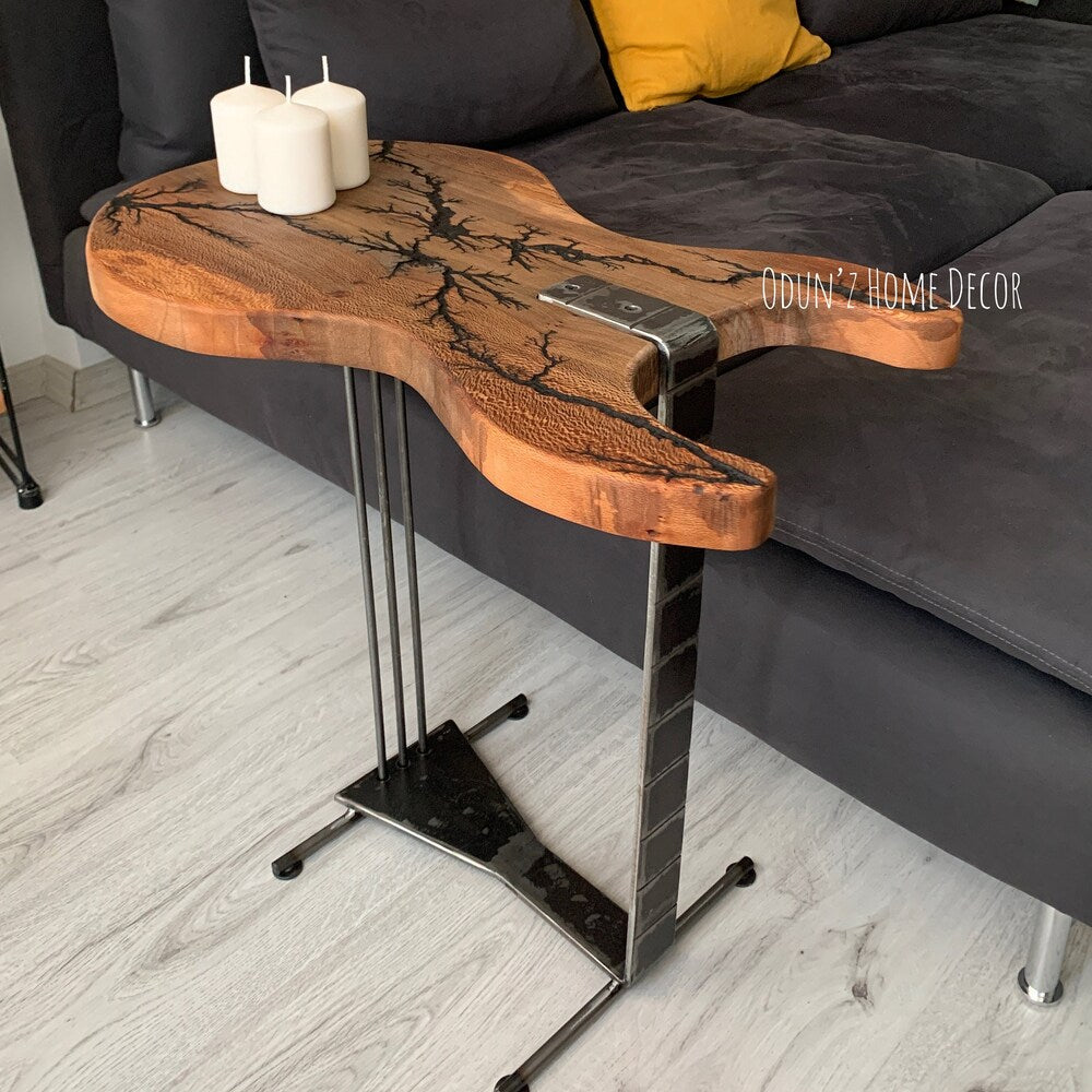 Coffee/Side/End/Guitar Table Wood Raund/Fractal burnt Live Edge Rustic Unique River custom reclaimed luxury Wooden slab nightstand/bed table