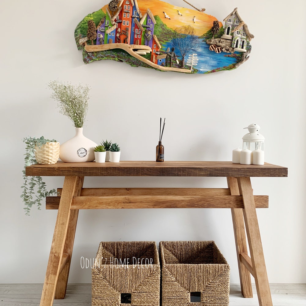 Console/sofa/Entrway table Rustic custom reclaimed Wood/Wooden/Solid/Live edge/slab luxury end/side/foyer/entry/kitchen/coffee/sehpa/ table
