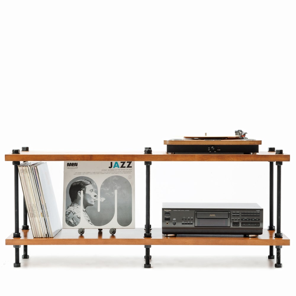 Registered design stand, 2 Tier Black Threaded Rods Stand, Handmade Record Player Stand, Industrial Vinyl Table, Media Hifi TV Unit
