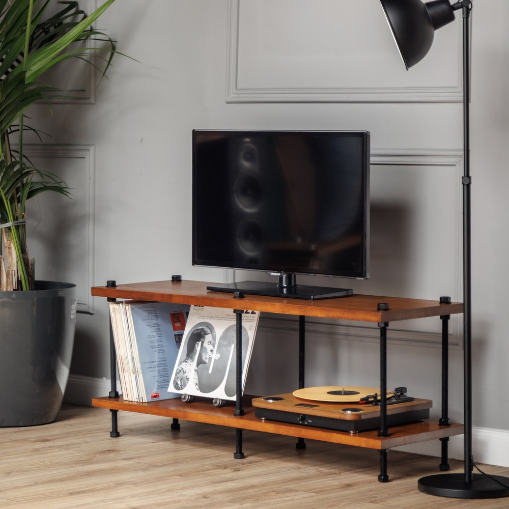 Registered design stand, 2 Tier Black Threaded Rods Stand, Handmade Record Player Stand, Industrial Vinyl Table, Media Hifi TV Unit