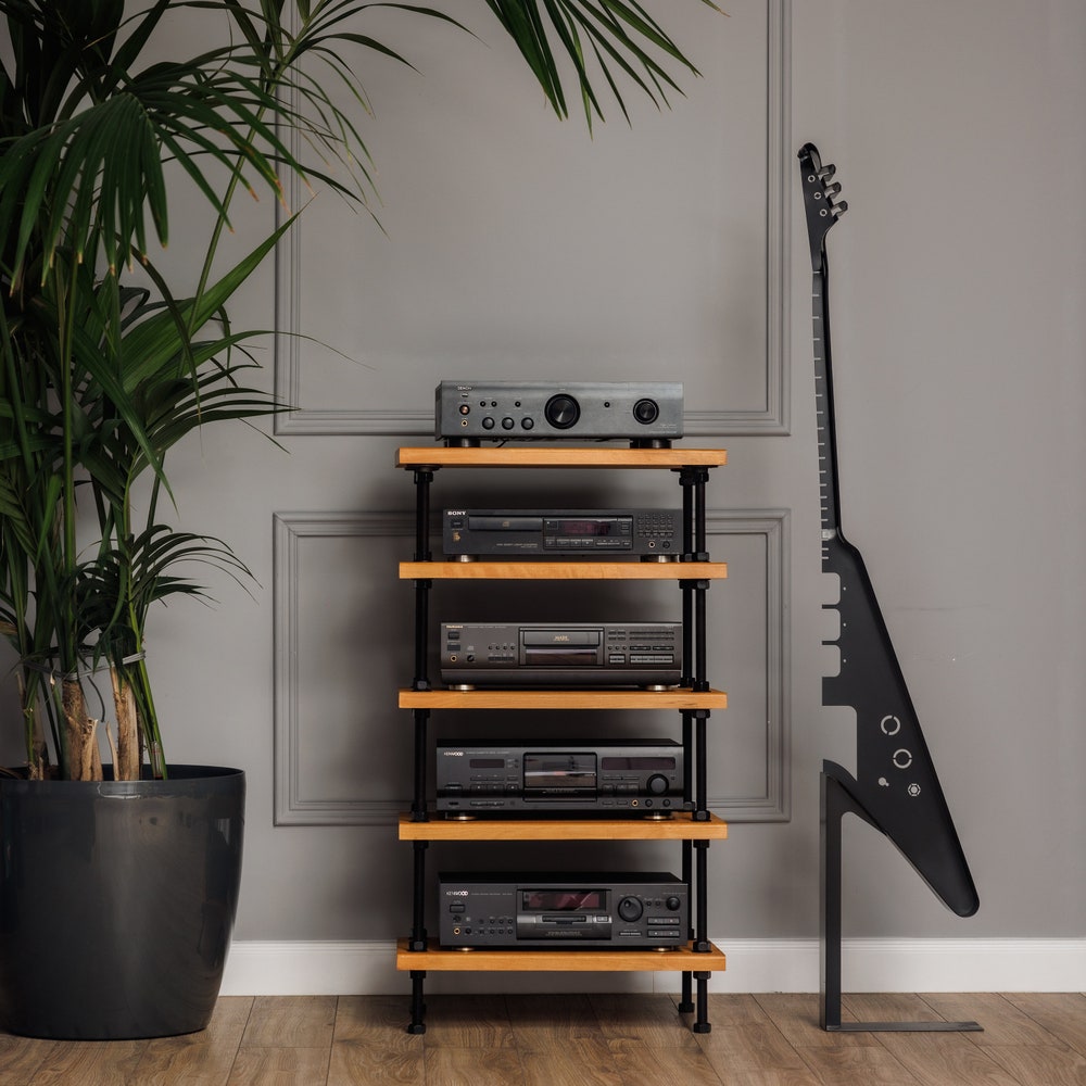 2 IN 1 Registered design stand, 5 Tier Oak Black rods stand, audio rack / Record player stand / Turntable stand / Threaded rod shelf