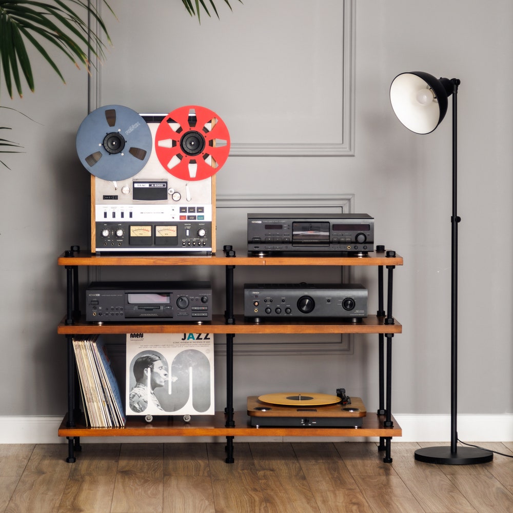 2 IN 1 Registered design stand, 5 Tier Oak Black rods stand, audio rack / Record player stand / Turntable stand / Threaded rod shelf