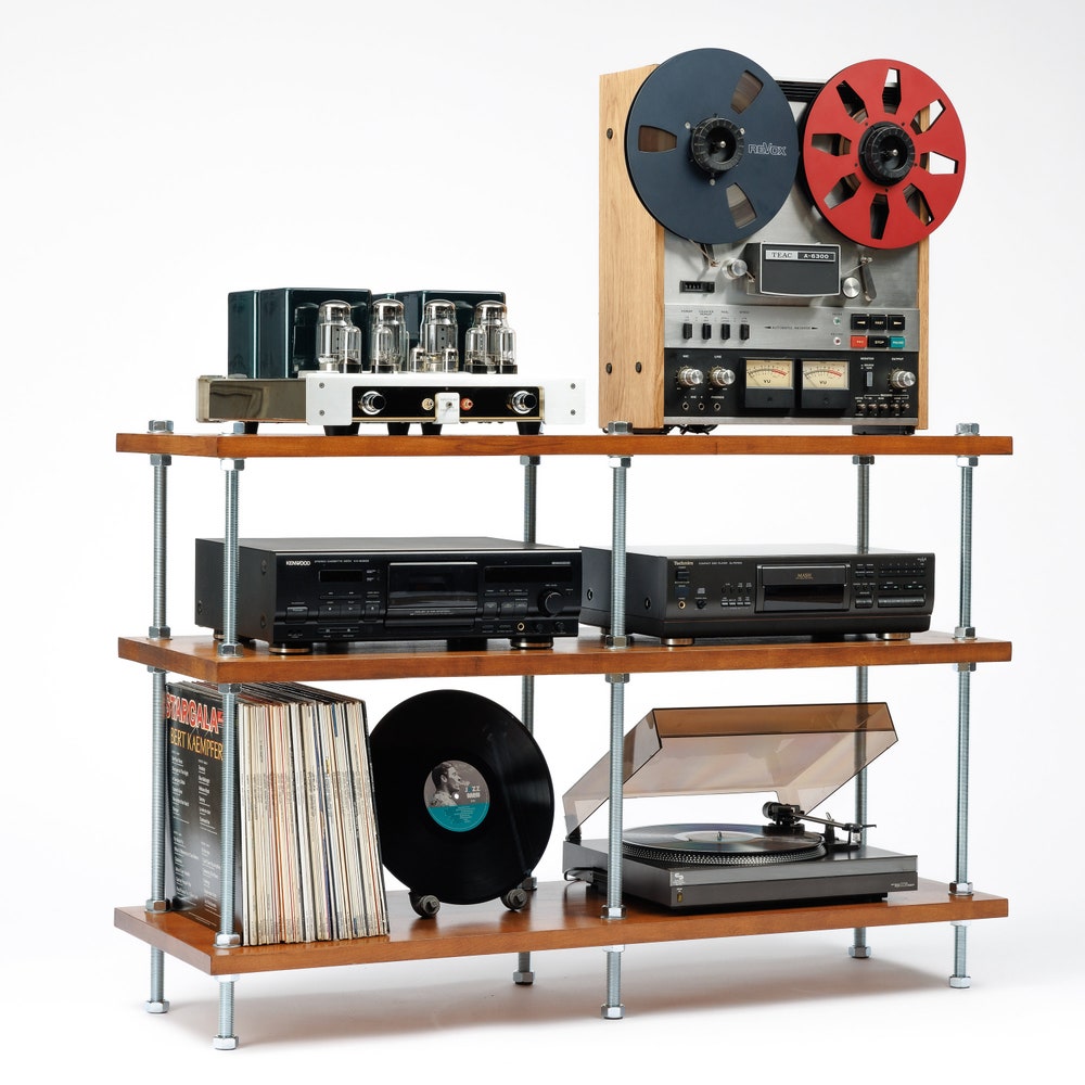 3 Tier Threaded Rods Stand, Reclaimed  Wood Furniture, Handmade Record Player Stand, Industrial Vinyl Table, Media Hifi TV Unit, Audio rack