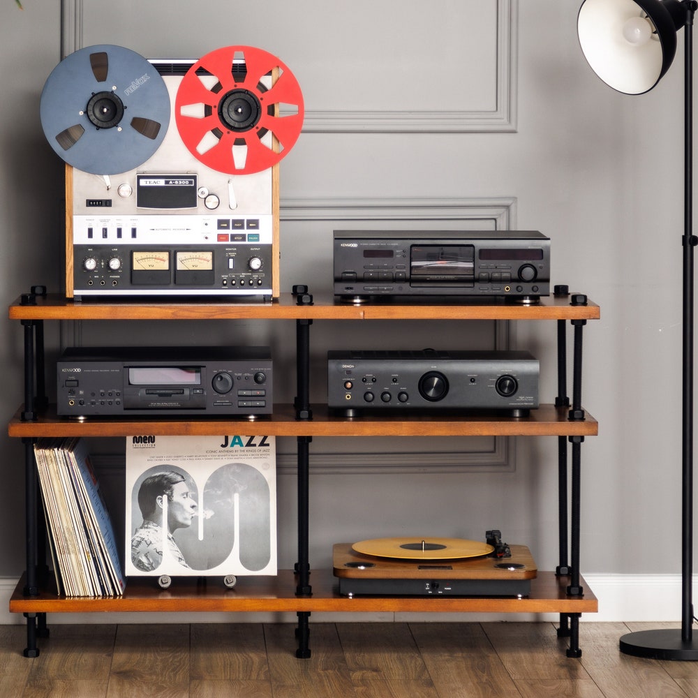 Registered design stand, 2 Tier Black Threaded Rods Stand, Handmade Record Player Stand, Industrial Vinyl Table, Media Hifi TV Unit
