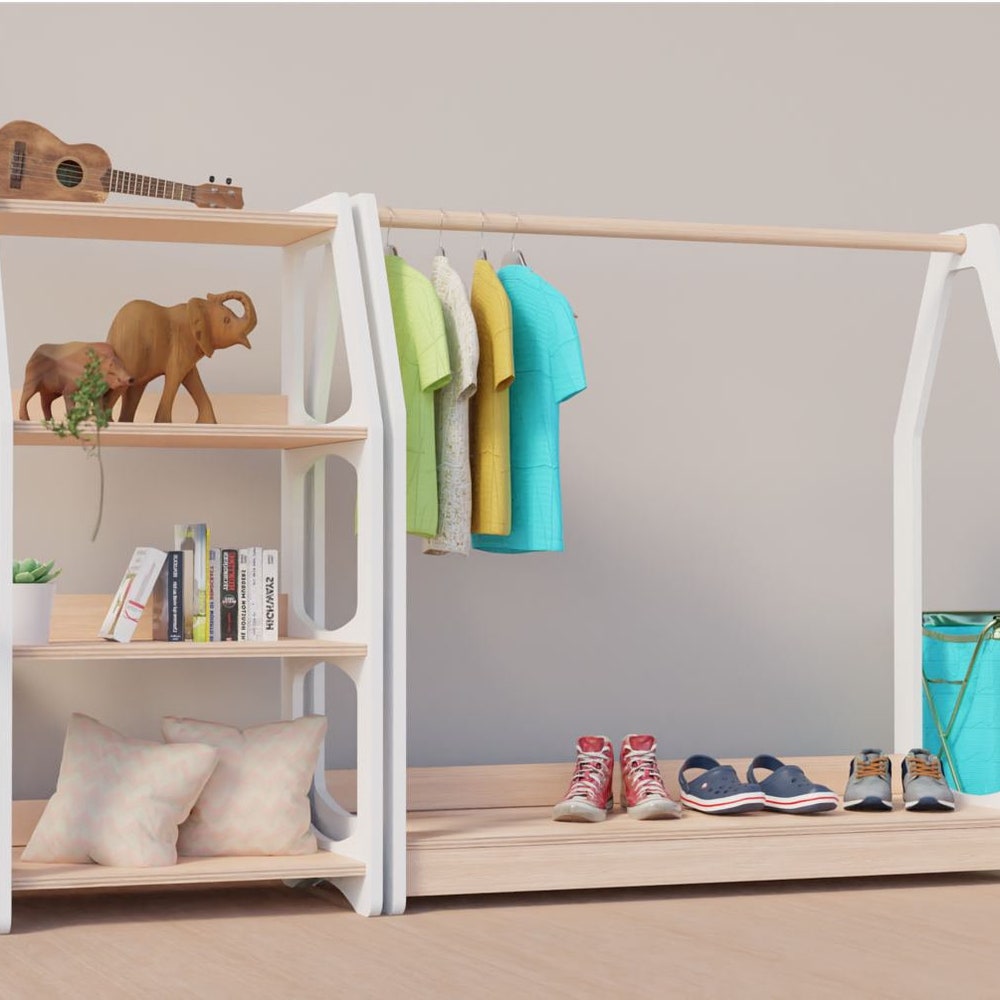 Clothing Rack with Shelf - Toddler Nursery Decor - Montessori Furniture - Kids Storage - Montessori Wardrobe