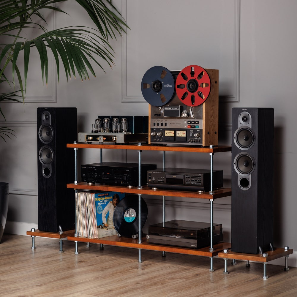 3 Tier Threaded Rods Stand, Reclaimed  Wood Furniture, Handmade Record Player Stand, Industrial Vinyl Table, Media Hifi TV Unit, Audio rack