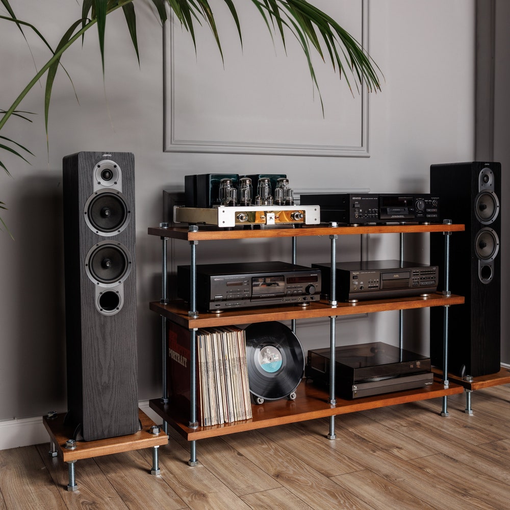 3 Tier Threaded Rods Stand, Reclaimed  Wood Furniture, Handmade Record Player Stand, Industrial Vinyl Table, Media Hifi TV Unit, Audio rack