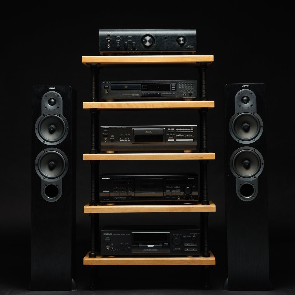 2 IN 1 Registered design stand, 5 Tier Oak Black rods stand, audio rack / Record player stand / Turntable stand / Threaded rod shelf