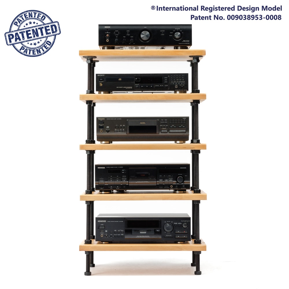 2 IN 1 Registered design stand, 5 Tier Oak Black rods stand, audio rack / Record player stand / Turntable stand / Threaded rod shelf