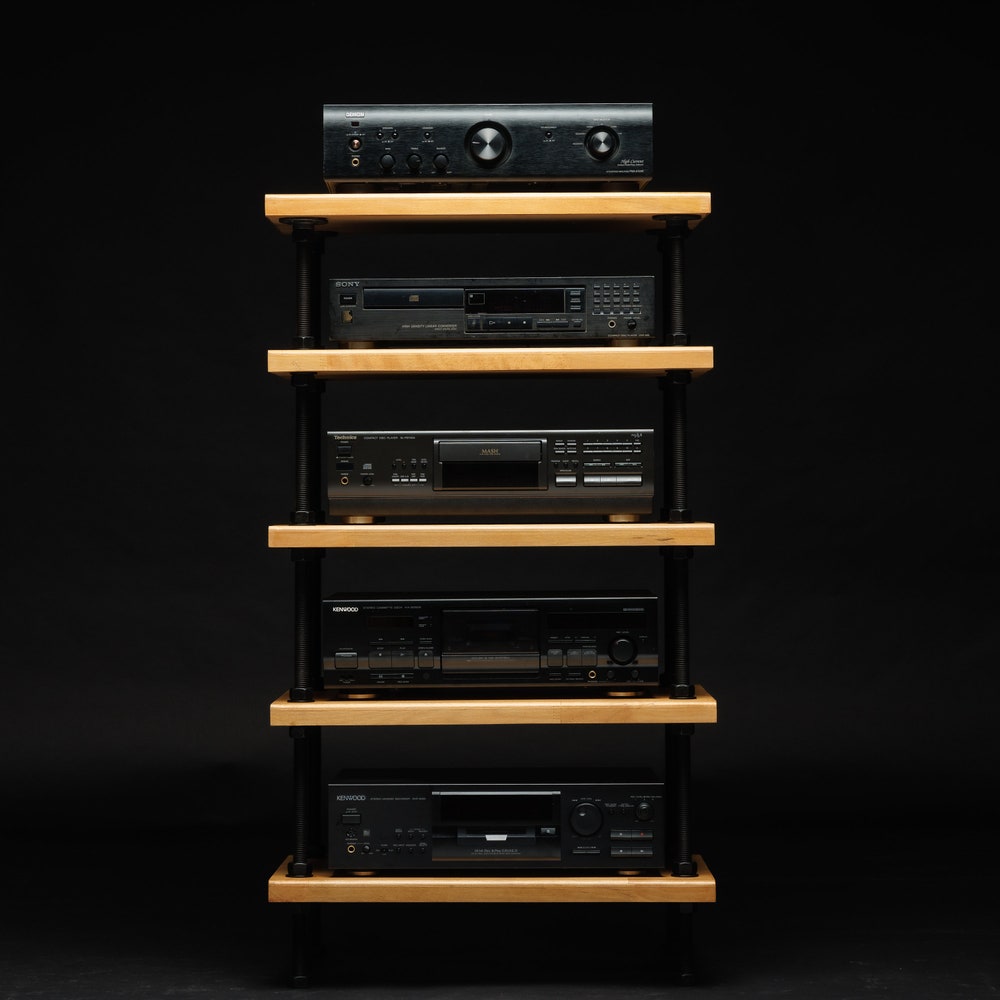 2 IN 1 Registered design stand, 5 Tier Oak Black rods stand, audio rack / Record player stand / Turntable stand / Threaded rod shelf