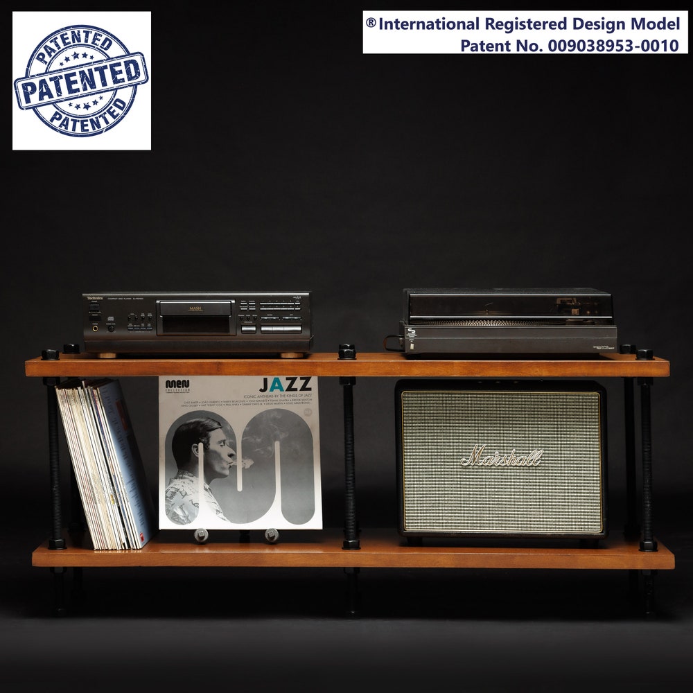 Registered design stand, 2 Tier Black Threaded Rods Stand, Handmade Record Player Stand, Industrial Vinyl Table, Media Hifi TV Unit