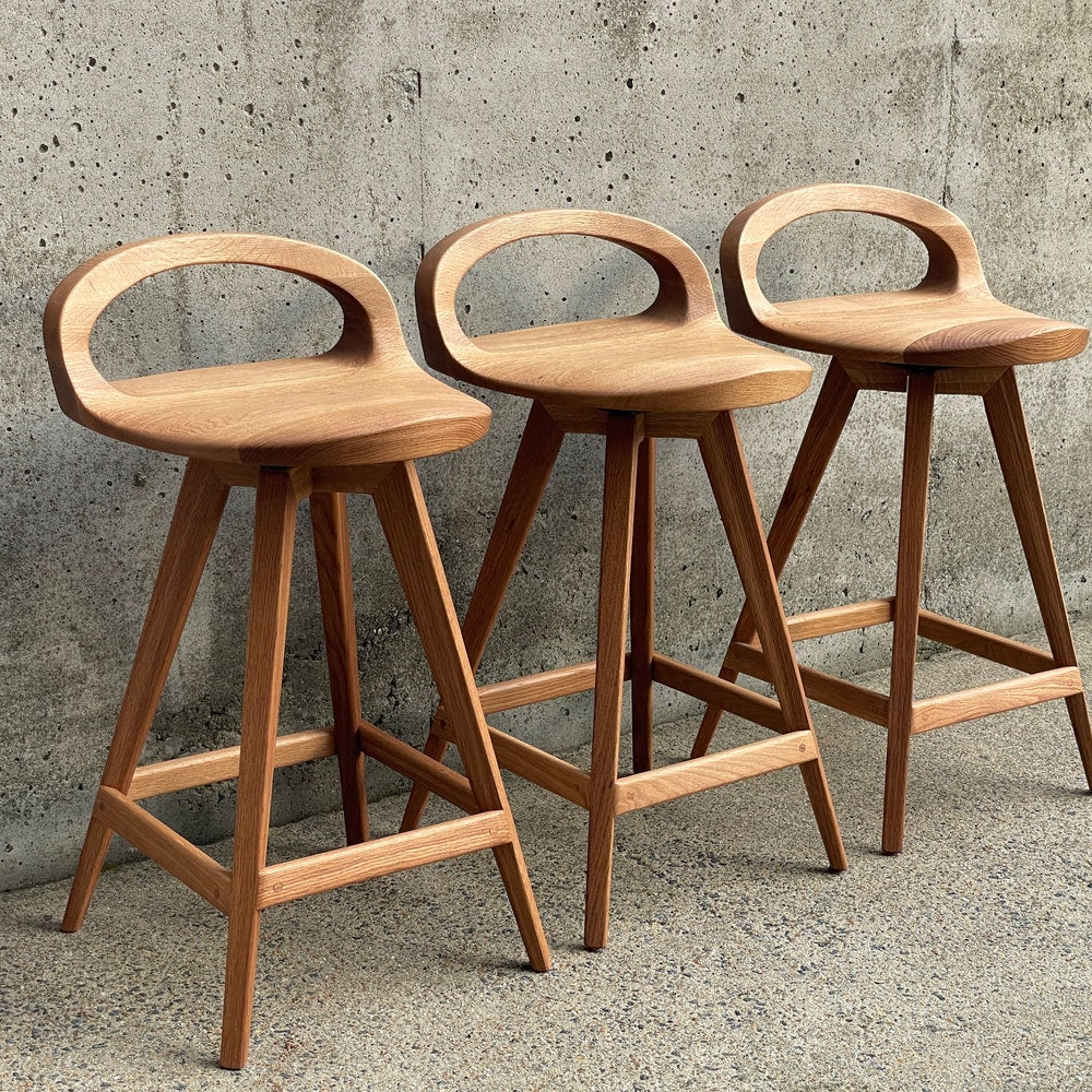 APEX Swiveling Wood Counter Stool | Carved Seat | Mid Century Modern Stool | Tractor seat stool | Kitchen Barstool | Natural Finish