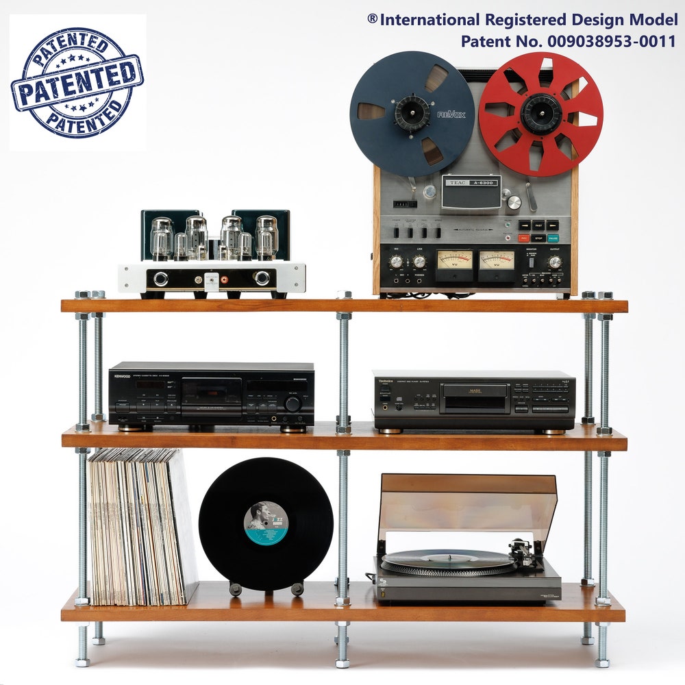 3 Tier Threaded Rods Stand, Reclaimed  Wood Furniture, Handmade Record Player Stand, Industrial Vinyl Table, Media Hifi TV Unit, Audio rack