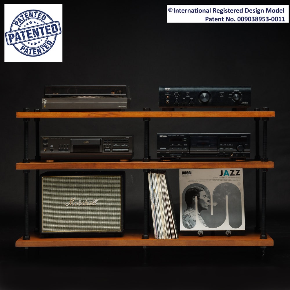 Registered design stand, 2 Tier Black Threaded Rods Stand, Handmade Record Player Stand, Industrial Vinyl Table, Media Hifi TV Unit
