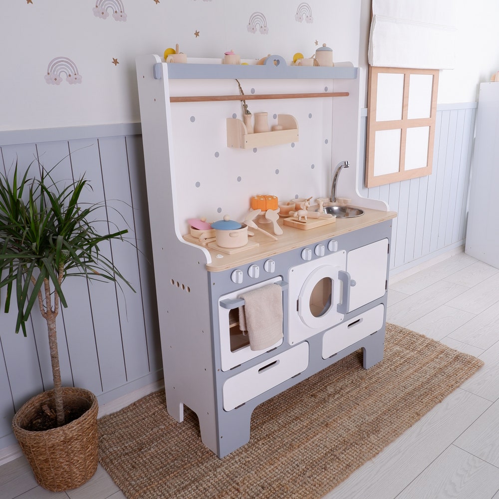 The biggest play kitchen for 10 year olds | Handmade Customizable Wooden Play Kitchen for 10 Year Old Kids | White and Pink
