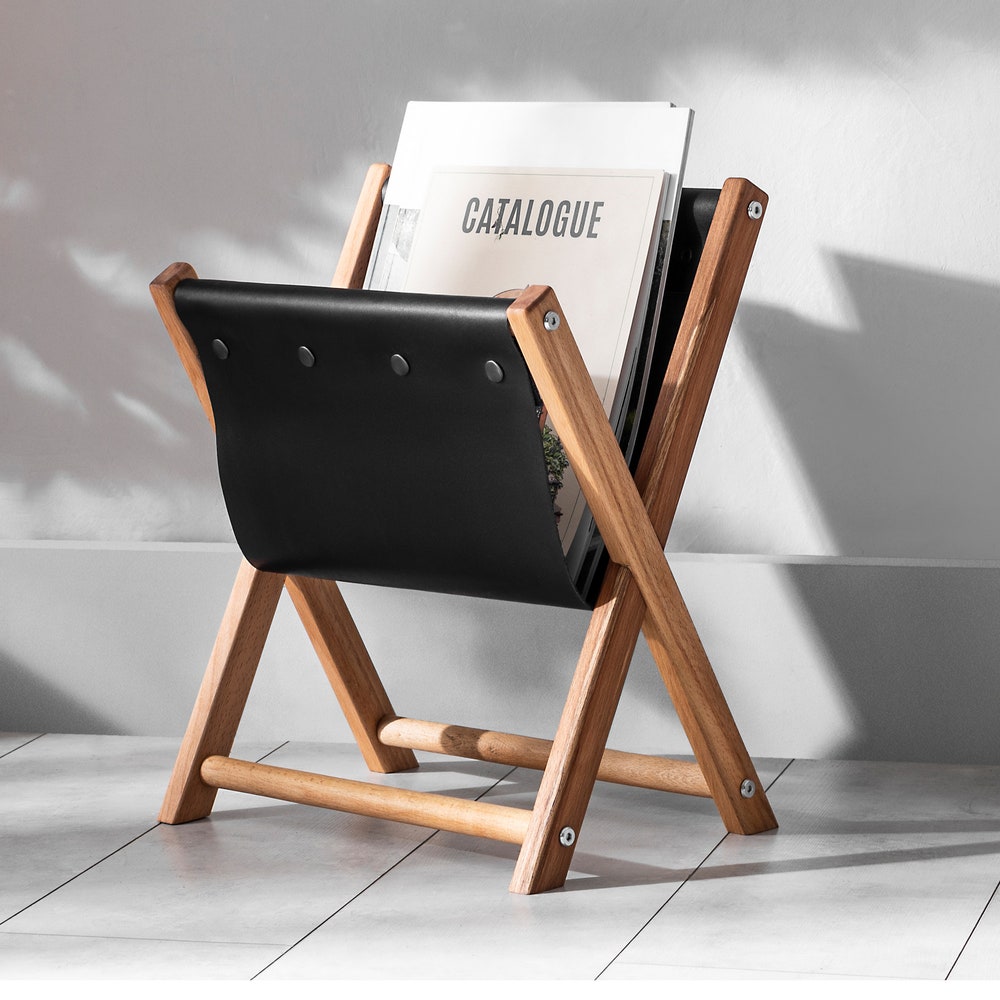 Wooden and Leather Magazine Holder, spaper Rack, File Organizer, Living Room Home Decoration, Office and Lobby Accessories, Black