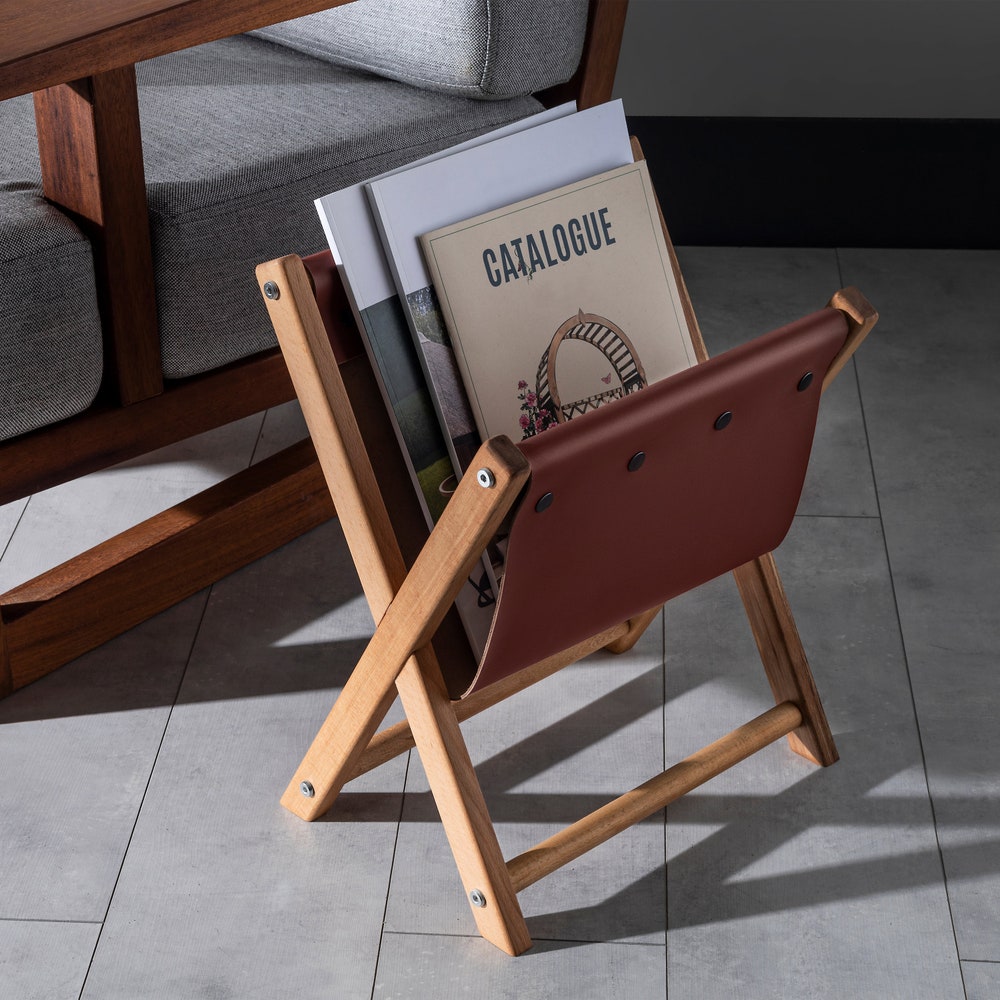 Wooden and Leather Magazine Holder, spaper Rack, File Organizer, Living Room Home Decoration, Office and Lobby Accessories, Black