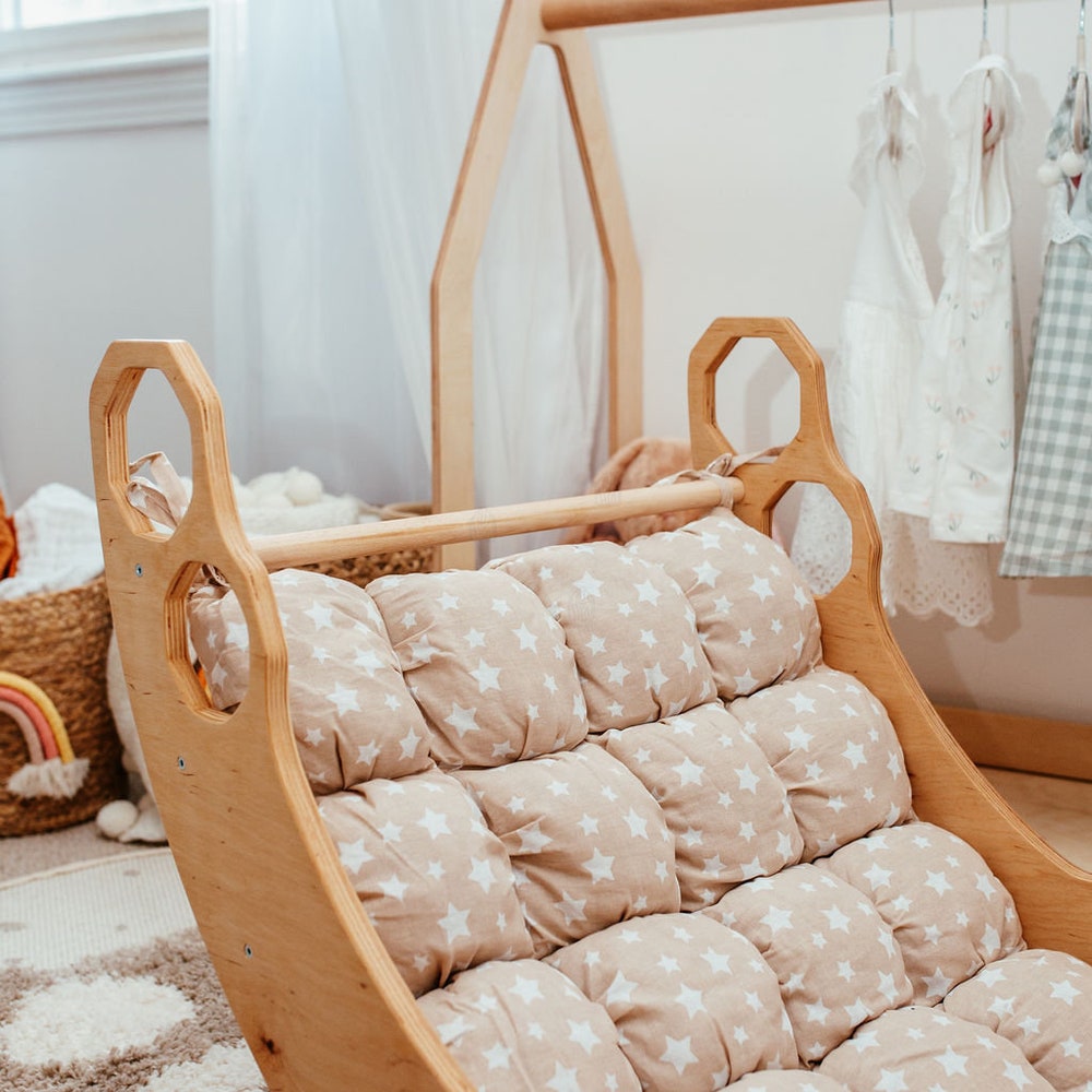 Christmas Edition - Montessori climber + Rocker with Cushion, Indoor playground, Montessori furniture, Indoor baby swing, Educational toy