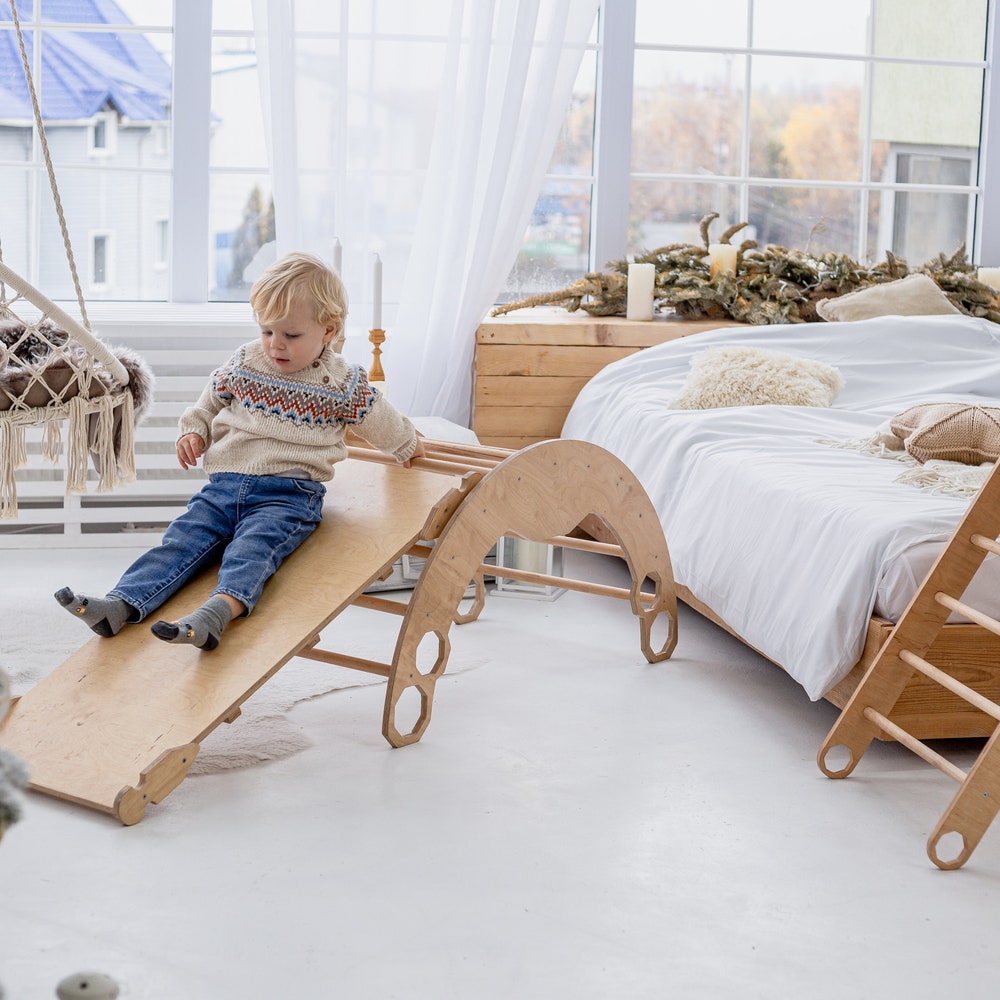 Christmas Edition - Montessori climber + Rocker with Cushion, Indoor playground, Montessori furniture, Indoor baby swing, Educational toy