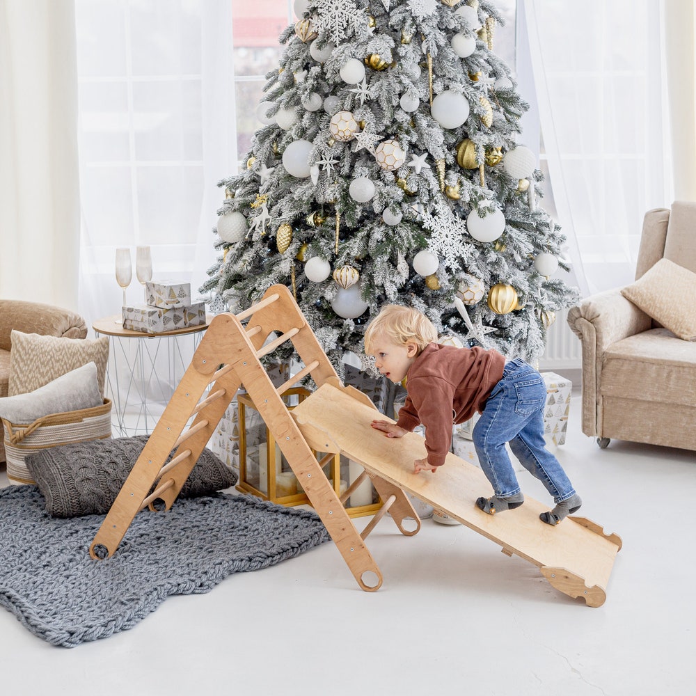 Christmas Edition - Montessori climber + Rocker with Cushion, Indoor playground, Montessori furniture, Indoor baby swing, Educational toy