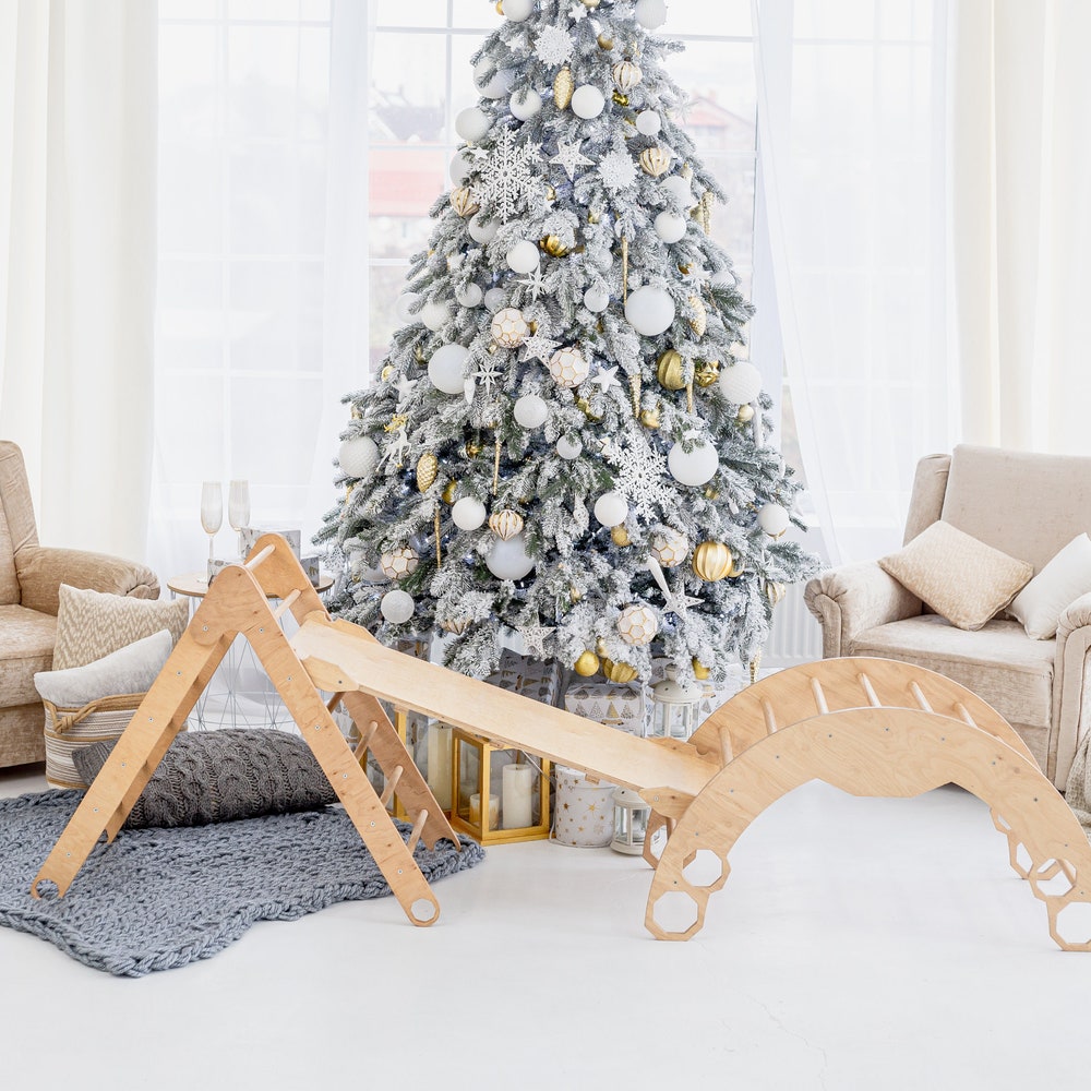 Christmas Edition - Montessori climber + Rocker with Cushion, Indoor playground, Montessori furniture, Indoor baby swing, Educational toy