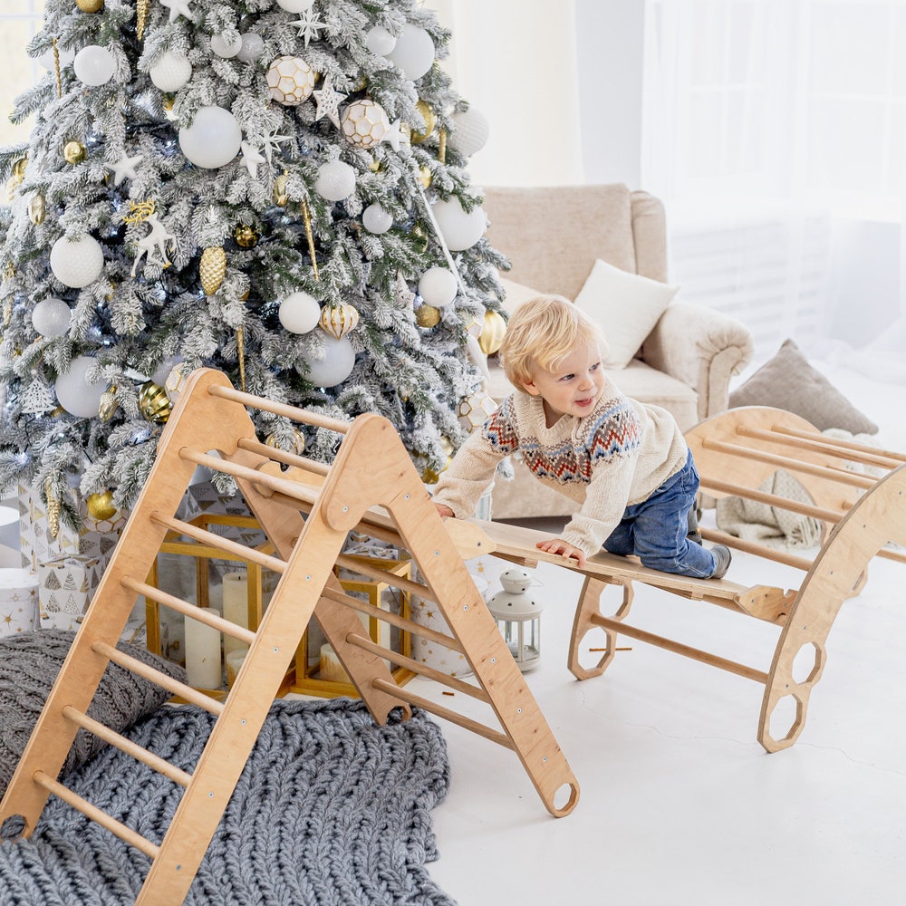 Christmas Edition - Montessori climber + Rocker with Cushion, Indoor playground, Montessori furniture, Indoor baby swing, Educational toy