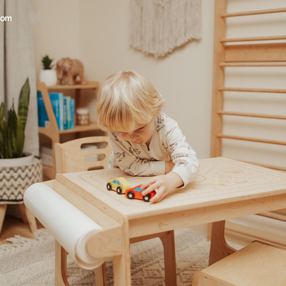 Wooden Toddler Activity Table with Paper Holder, Montessori furniture, Kids Table and Chairs, Sensory Nursery Table, Study Desk