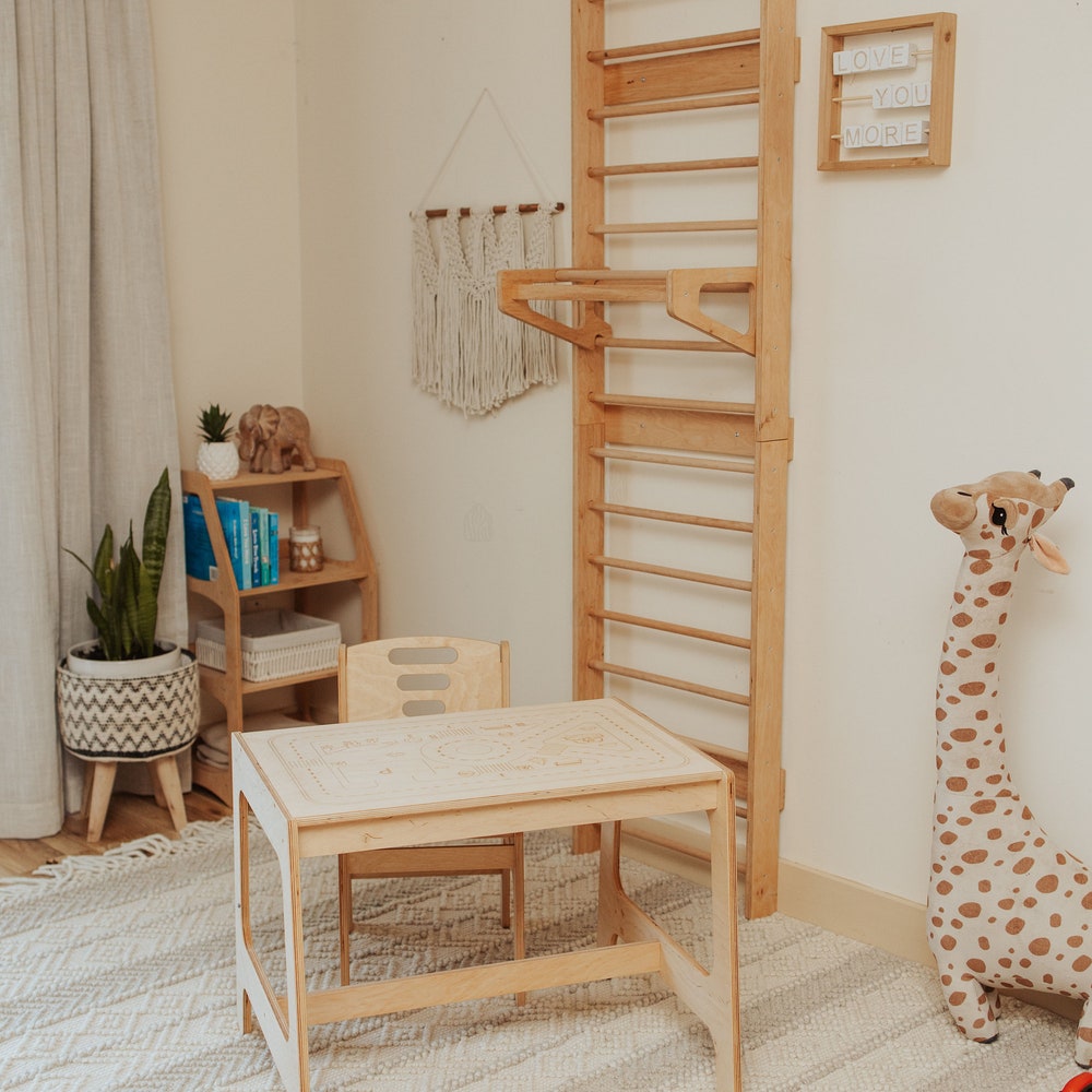 Wooden Toddler Activity Table with Paper Holder, Montessori furniture, Kids Table and Chairs, Sensory Nursery Table, Study Desk