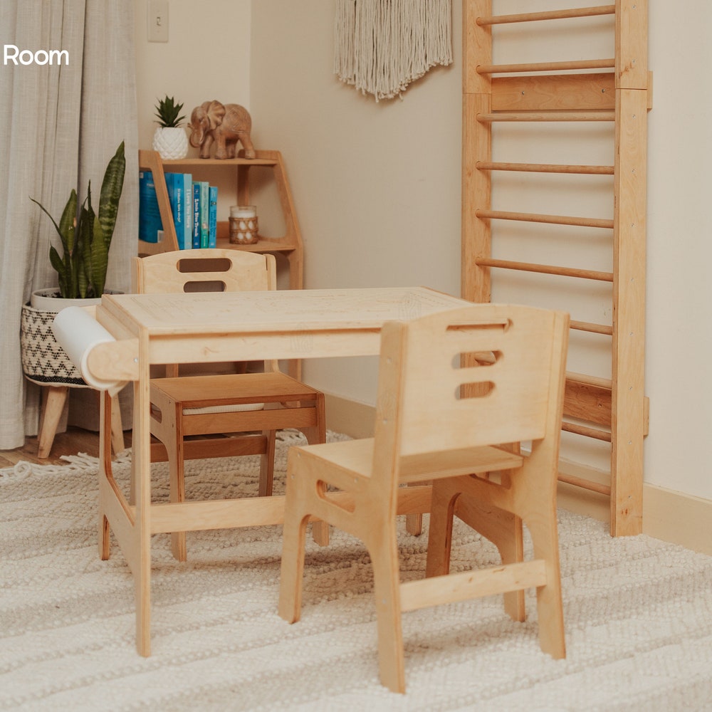 Wooden Toddler Activity Table with Paper Holder, Montessori furniture, Kids Table and Chairs, Sensory Nursery Table, Study Desk